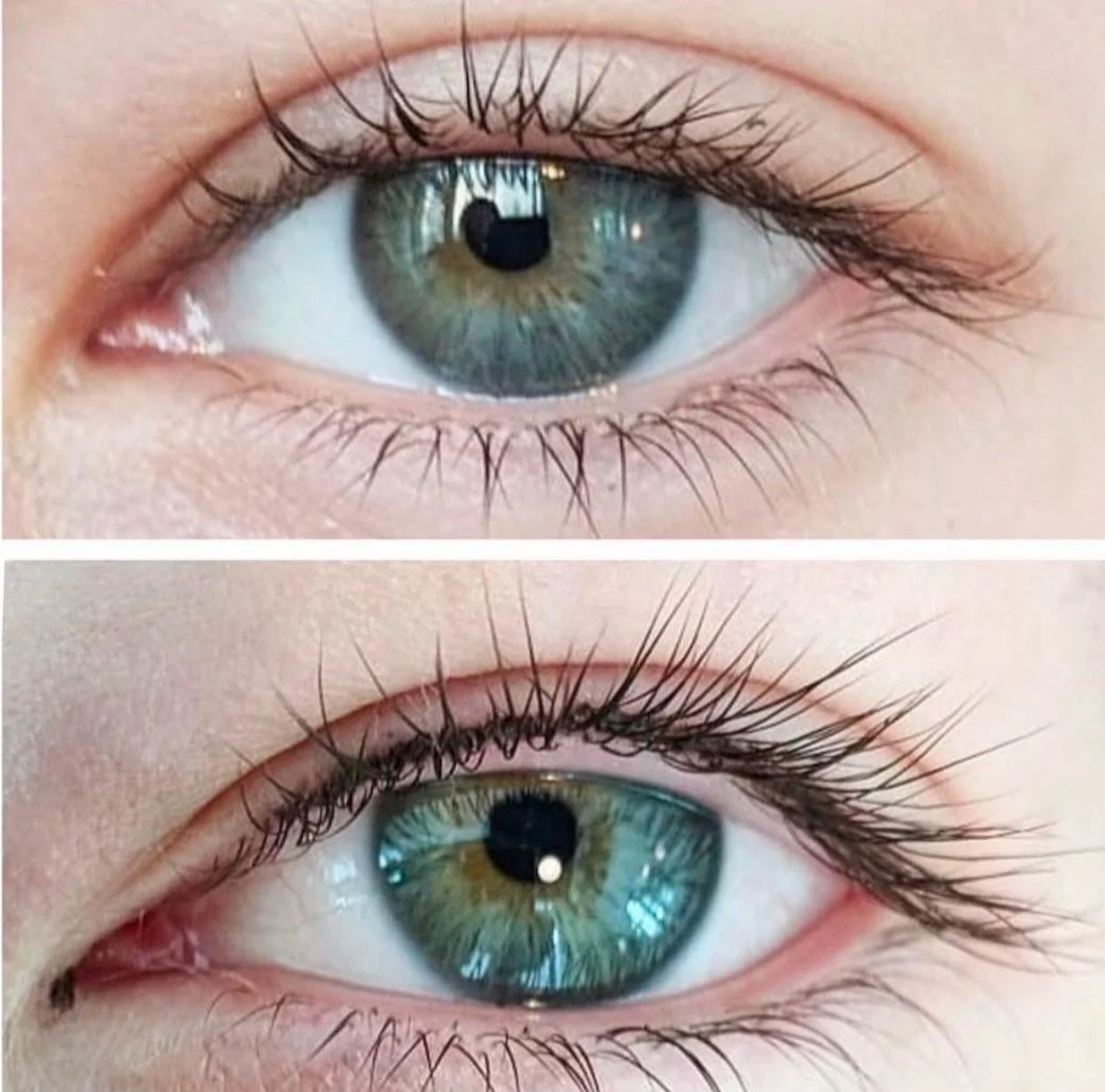 Close-up of a human eye in two different states: the upper shows the eye open, the lower shows the eye with the eyelid slightly lowered, both revealing blue-green iris and long eyelashes.
