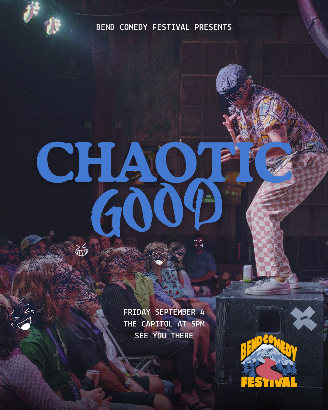 A comedian performing on stage at the Bend Comedy Festival with an audience watching, and text overlay announcing the event on September 4th at The Capitol, with a logo for Bend Comedy Festival.
