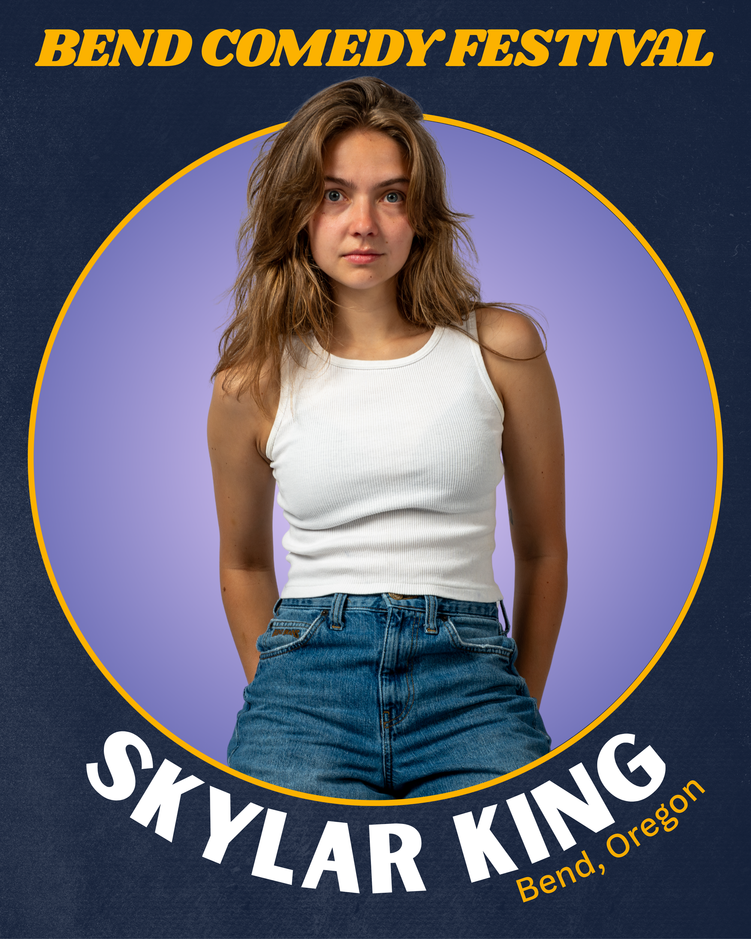 Poster for Bend Comedy Festival featuring a woman with long wavy hair wearing a white tank top and blue jeans, with text indicating it is in Bend, Oregon, with a purple and dark background.