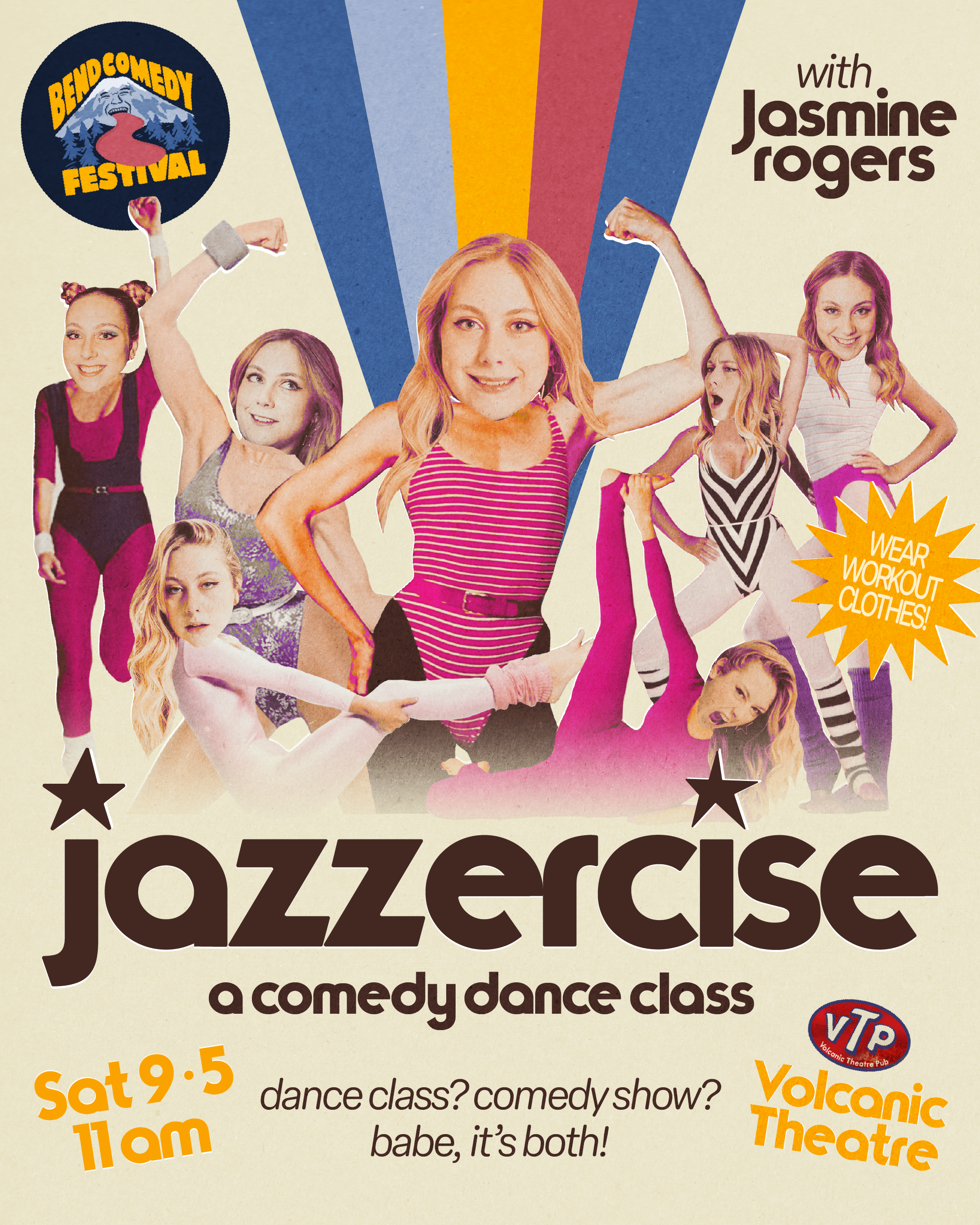Poster for a comedy dance class with Jasmine Rogers at the Volcanic Theatre, part of the Benecomedy Festival. Class is on Saturday from 9:00 to 11:00 am. Venue is VIP Volcanic Theatre Pub. The poster features multiple photos of a woman with blonde hair, in various dance poses, wearing colorful outfits. There's a yellow burst shape with white text that says 'Wear workout clothes!'