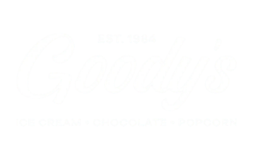 Black background with white text reading "EST. 1984 Goody's ICE CREAM CHOCOLATE POPCORN".