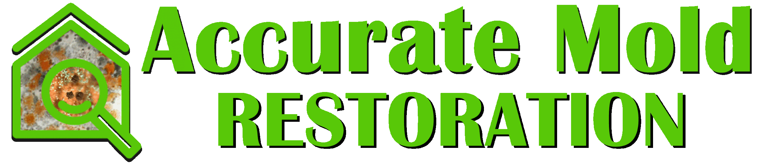 Logo for Accurate Mold Restoration featuring a magnifying glass with a smiling moldy surface inside and green text.