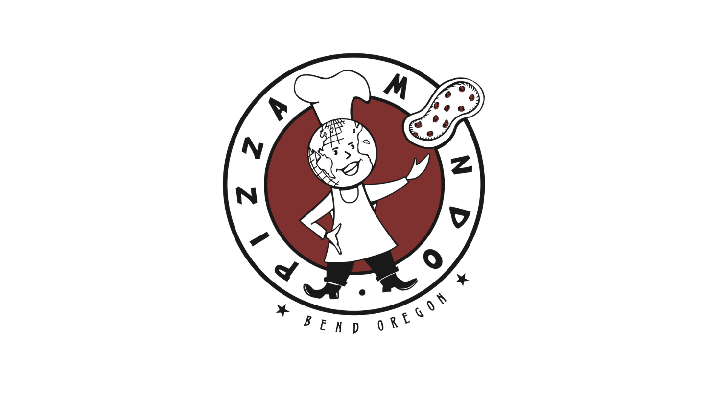 Logo for Zig Zag Pizza, Bend, Oregon, featuring a cartoon girl with a globe face wearing a chef's hat, a white apron, and black pants, holding a pizza peel with a pizza, with the company's name encircling her.