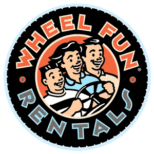 Logo for Wheel Fun Rentals featuring cartoon family with two children in a golf cart.
