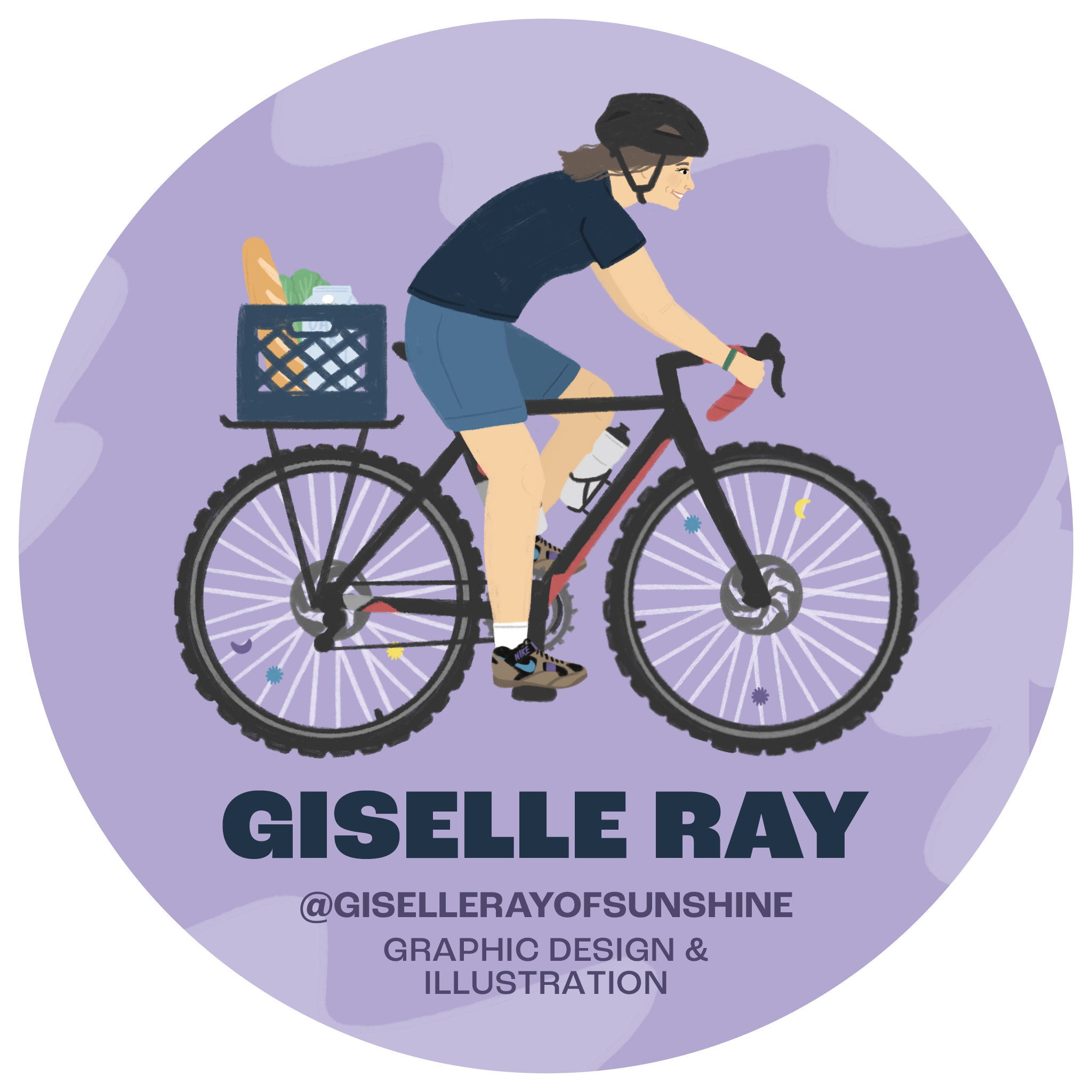 A woman riding a bicycle, wearing a helmet, with a basket carrying a loaf of bread, a plant, and a can, against a purple background with clouds, promoting an art gallery called GISELLERAYOFUNSHINE.