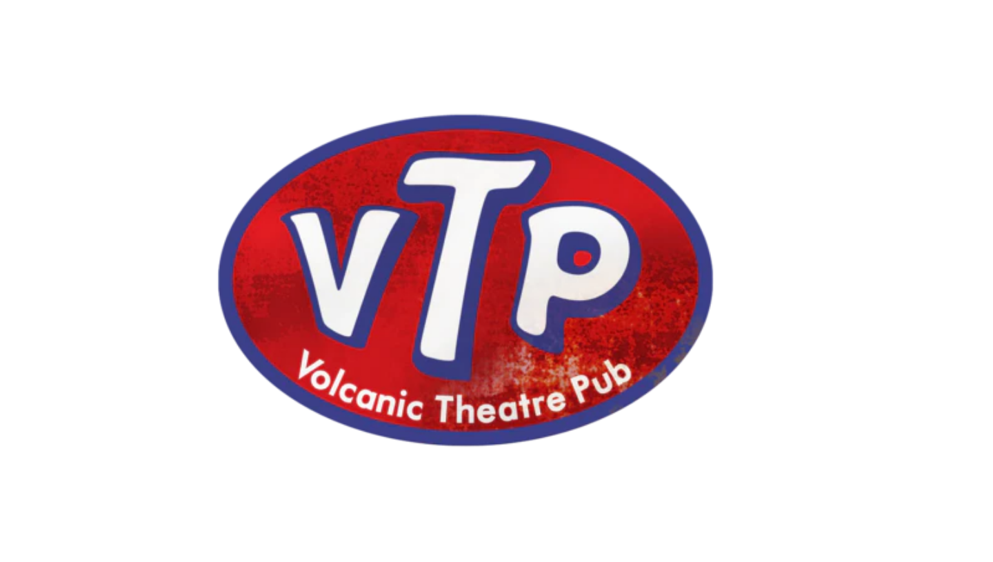 Logo of VIP Volcanic Theatre Pub with red oval background and blue border, featuring large white letters 'VIP' and white text underneath reading 'Volcanic Theatre Pub'.