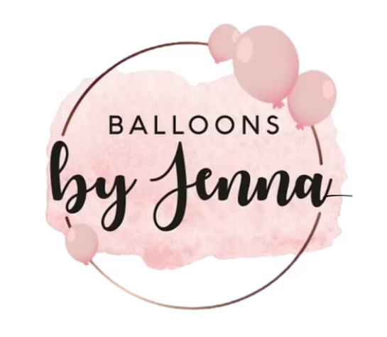 Logo for Balloons by Jenna featuring pink balloons, black script text, and a pink watercolor background.