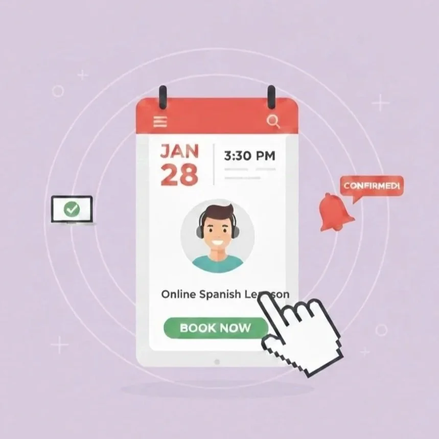 Digital calendar showing January 28th, 3:30 PM, for an online Spanish lesson with a smiling cartoon avatar of a person wearing headphones. A hand cursor is clicking on a green 'Book Now' button. Nearby icons include a checkmark, a confirmed notification, and a red alert with 'Confirmed' text.