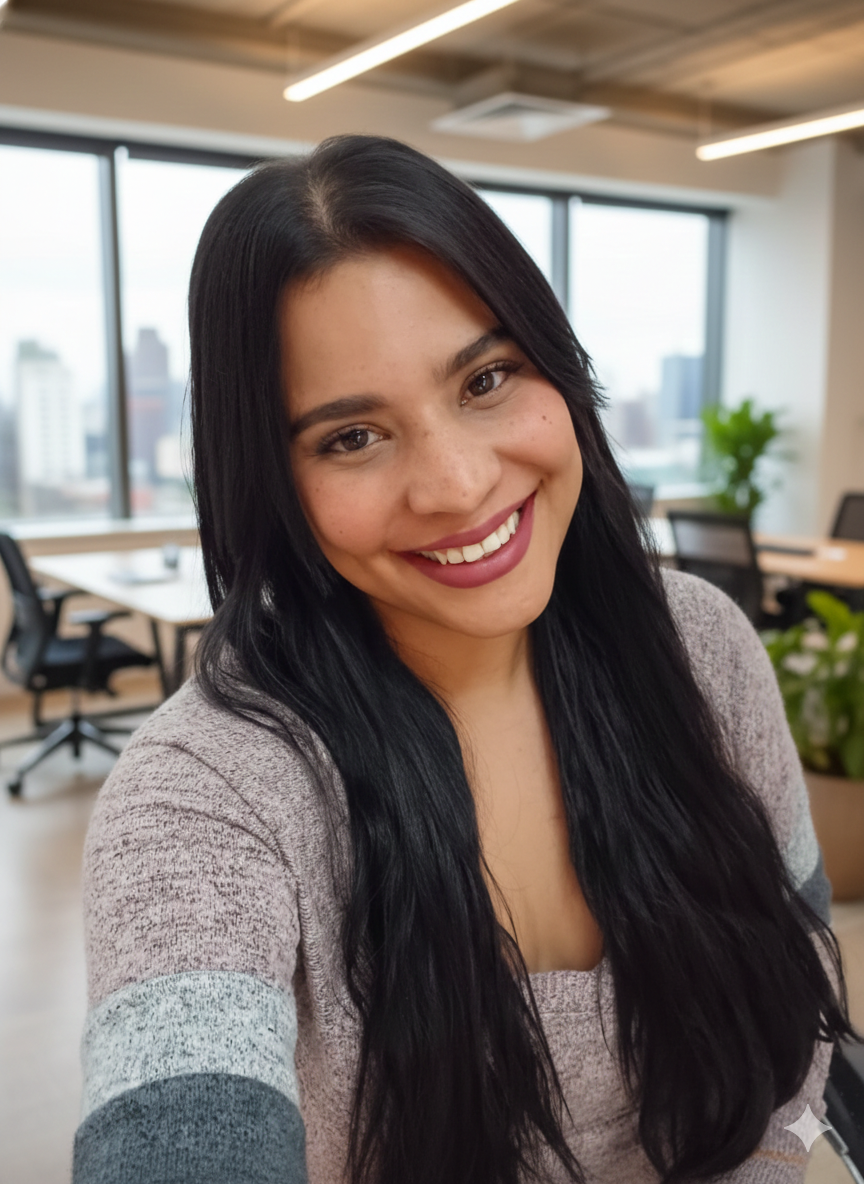 A young Spanish teacher, woman, profesional with long black hair smiling in an office with large windows, desks, chairs, and some green plants.