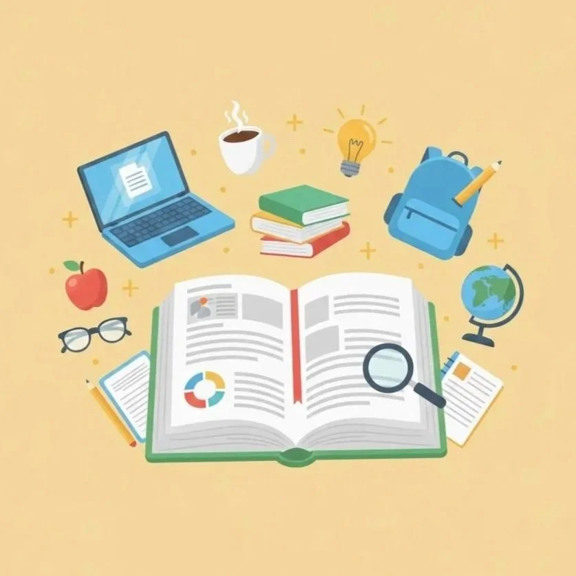 Open book surrounded by studyng items representing how easy is to get access to the material obtained on the Spanish lessons. All the resouces used during the lessons are included and will be sent to your email at the end of the class.