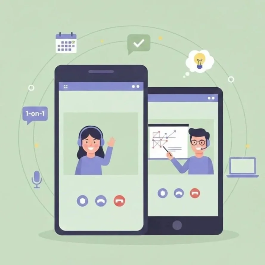 Illustration of two smartphones engaged in a video call, with a woman wearing headphones on one screen and a man with glasses pointing at a chart on the other, they are representing an online private Spanish lesson.