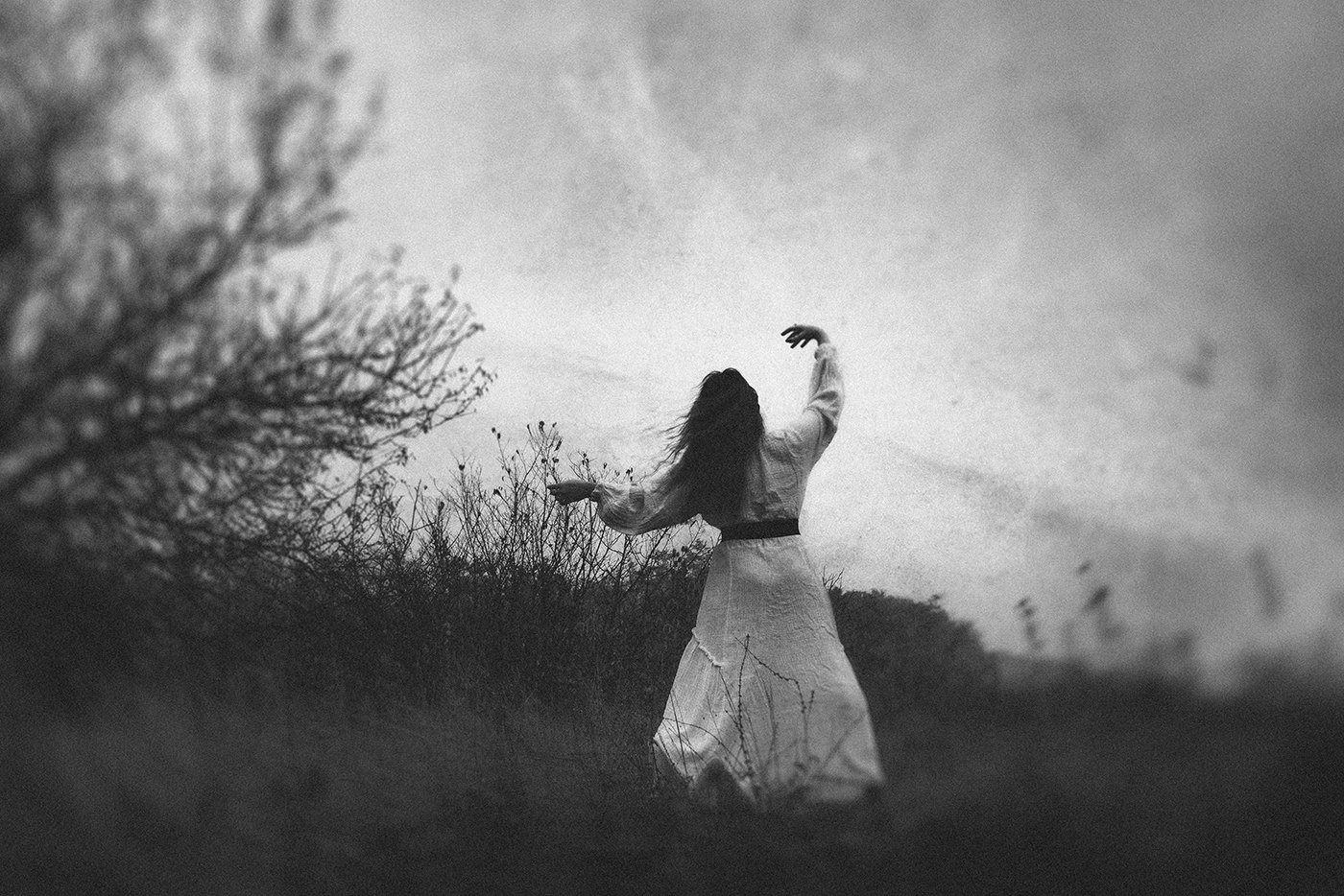 floating fall in black and white