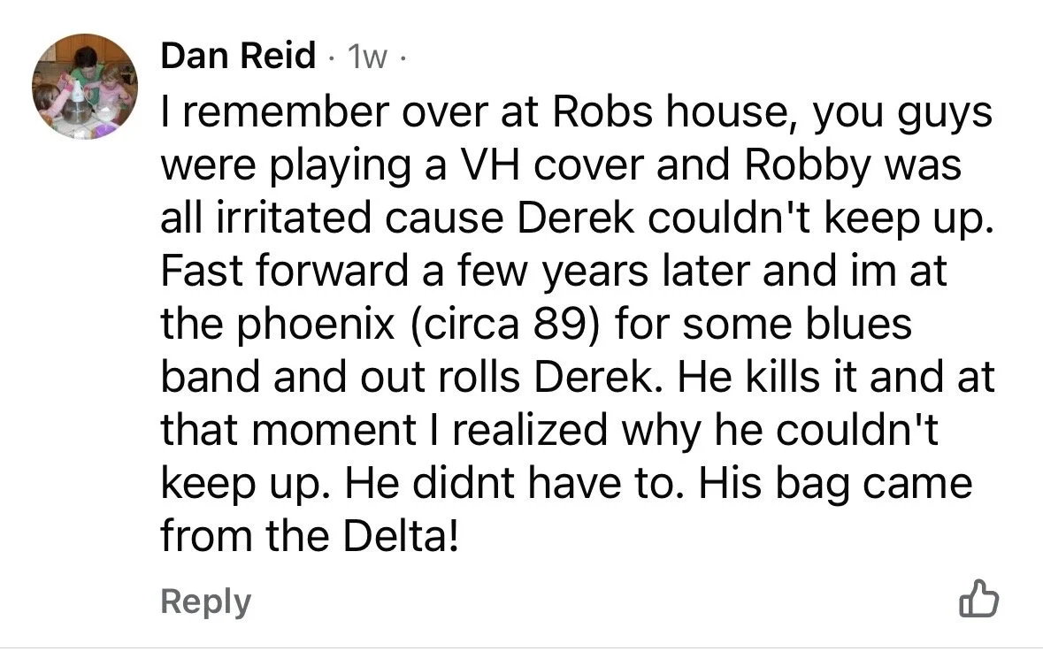 Screenshot of a testimonial from a longtime listener describing Derek Irving’s early musical career