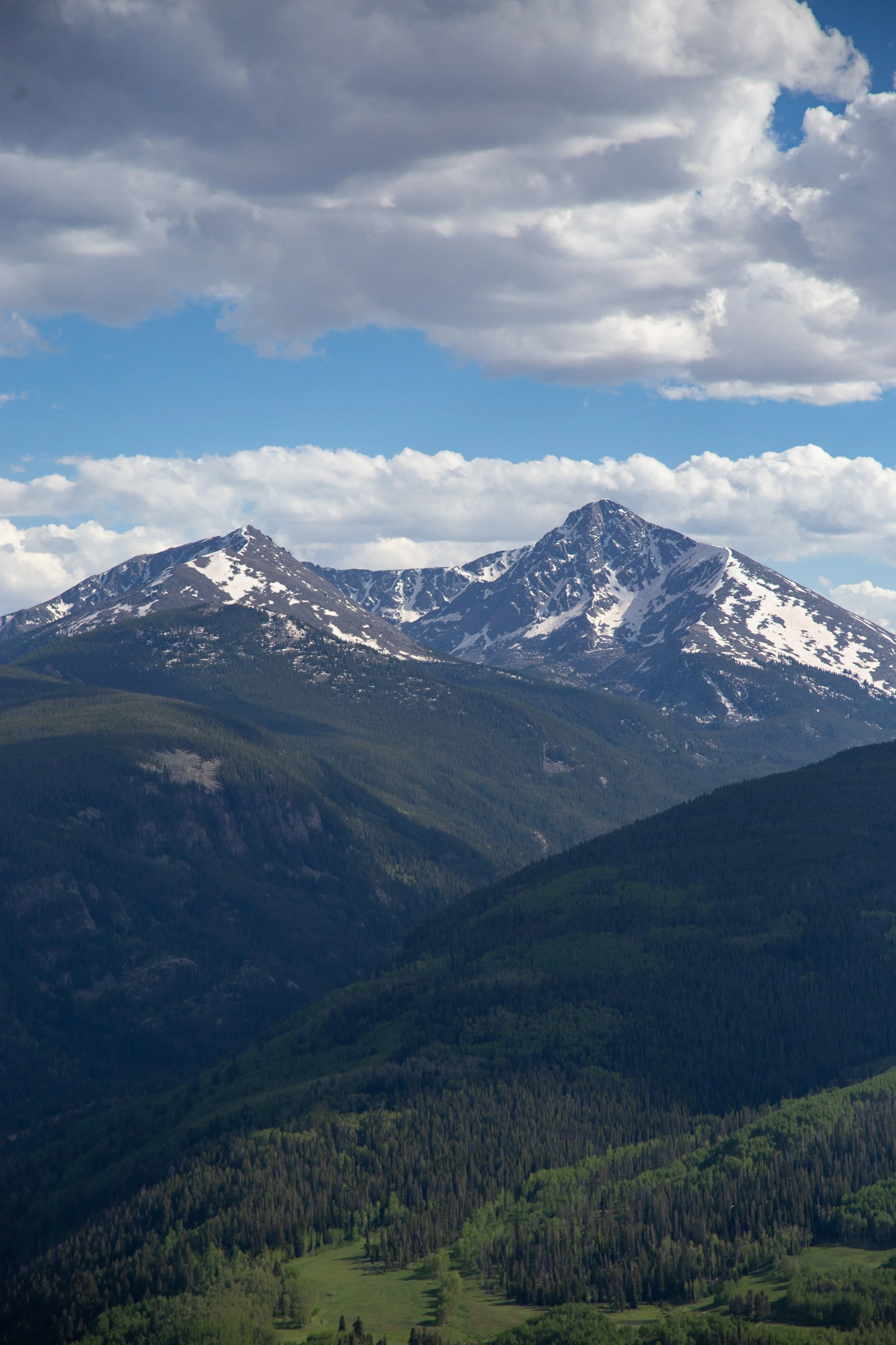 Snow-capped mountains with a partly cloudy sky and green forested slopes in the foreground.