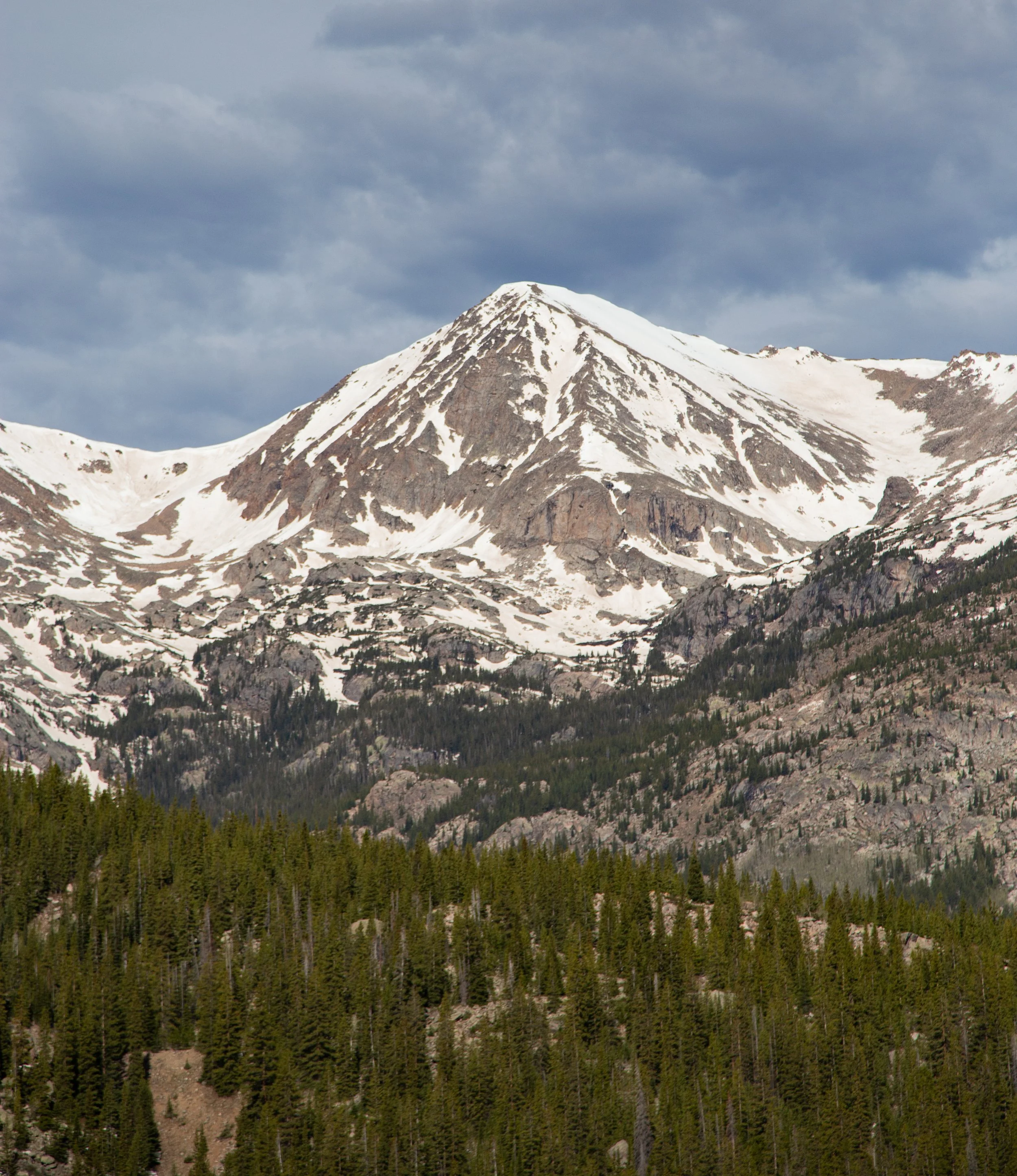 Snow-capped mountain with a forested lower slope under a cloudy sky.