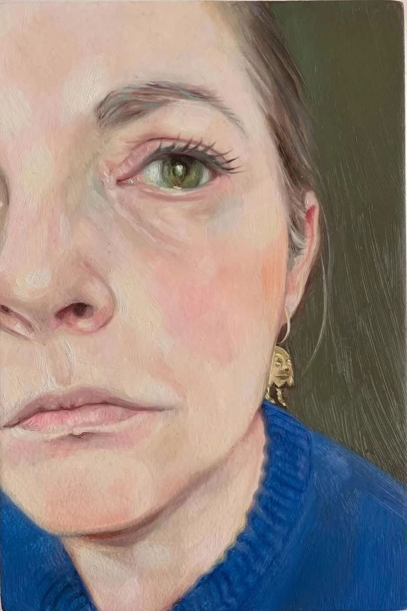 Self Portrait in Blue Jumper Whilst Grieving. Oil on wood panel.