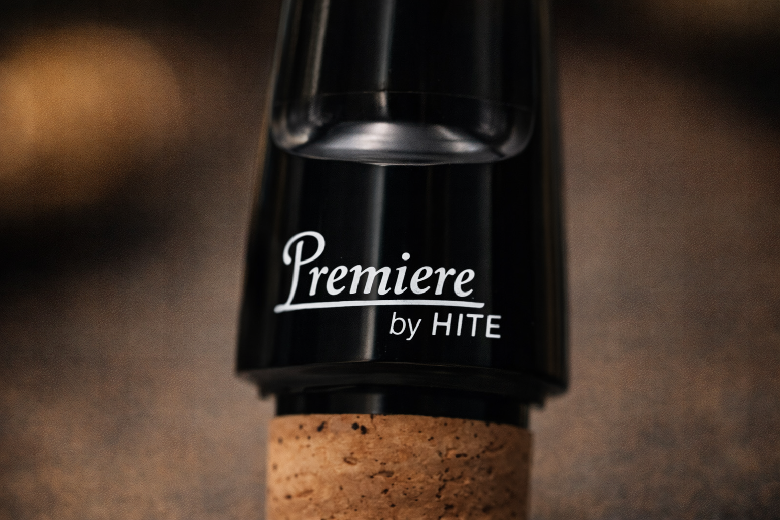 Close-up of a Premiere by Hite student clarinet mouthpiece with cork fitting, designed for beginner and intermediate players.