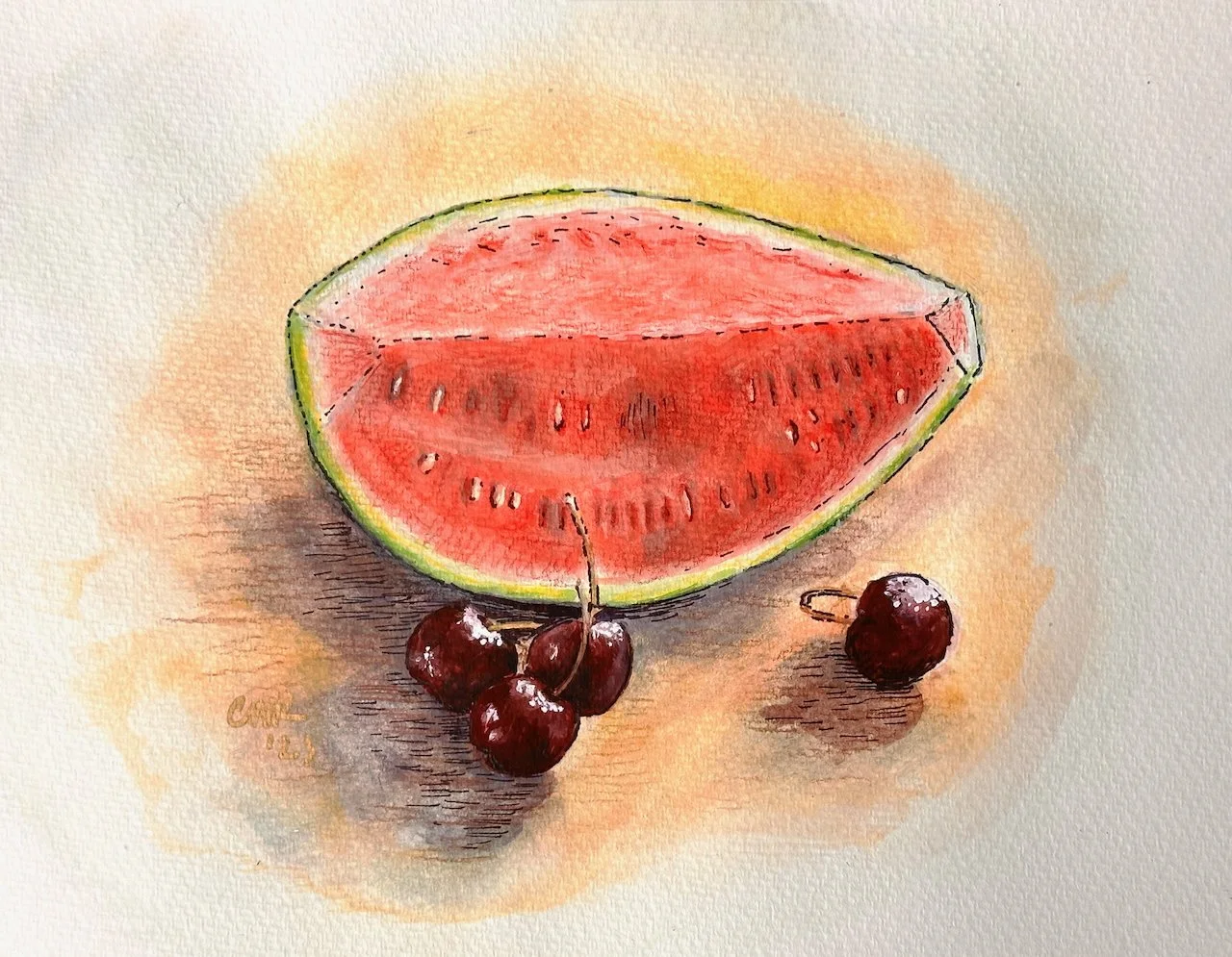 Watermelon Cherries Watercolor Still Life