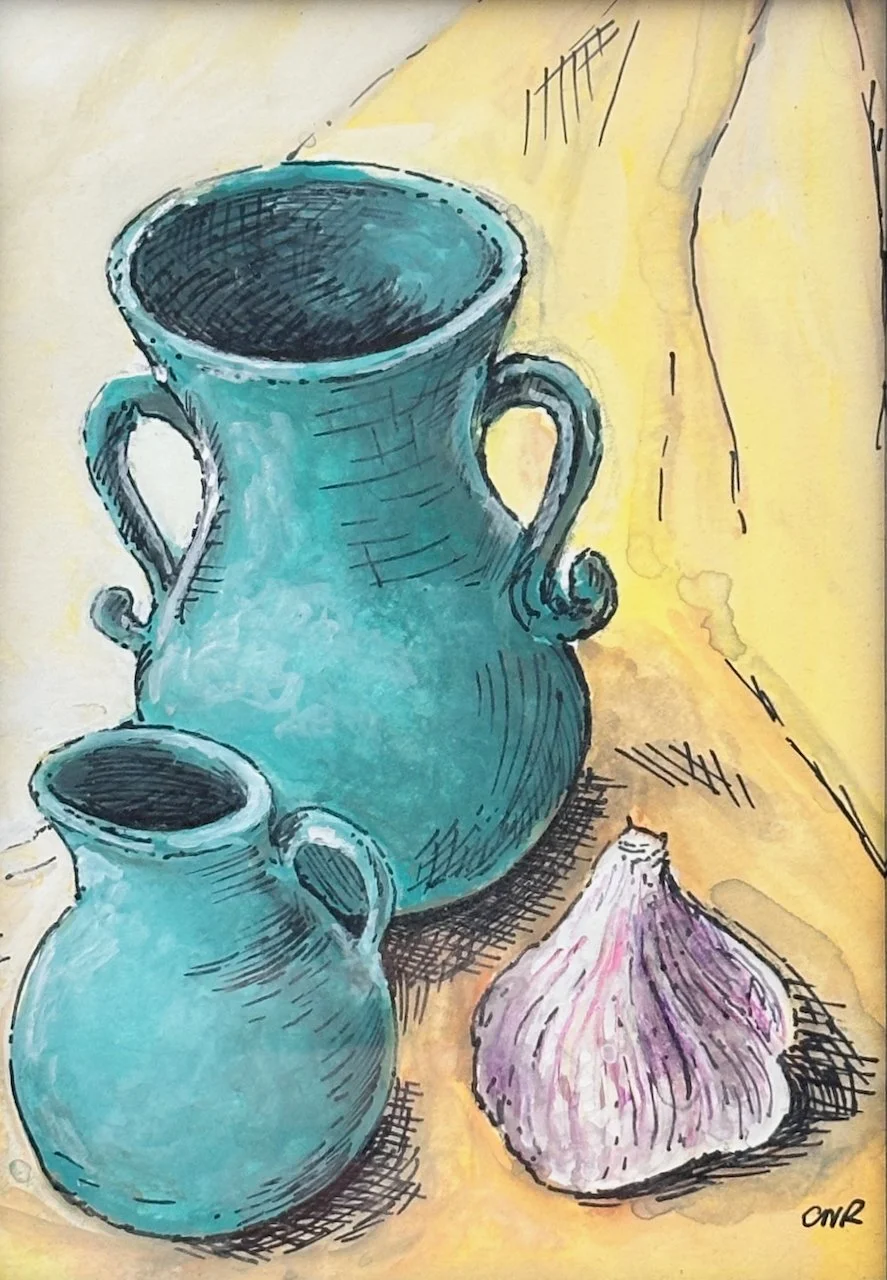 Green Pottery and Garlic Clove Still Life