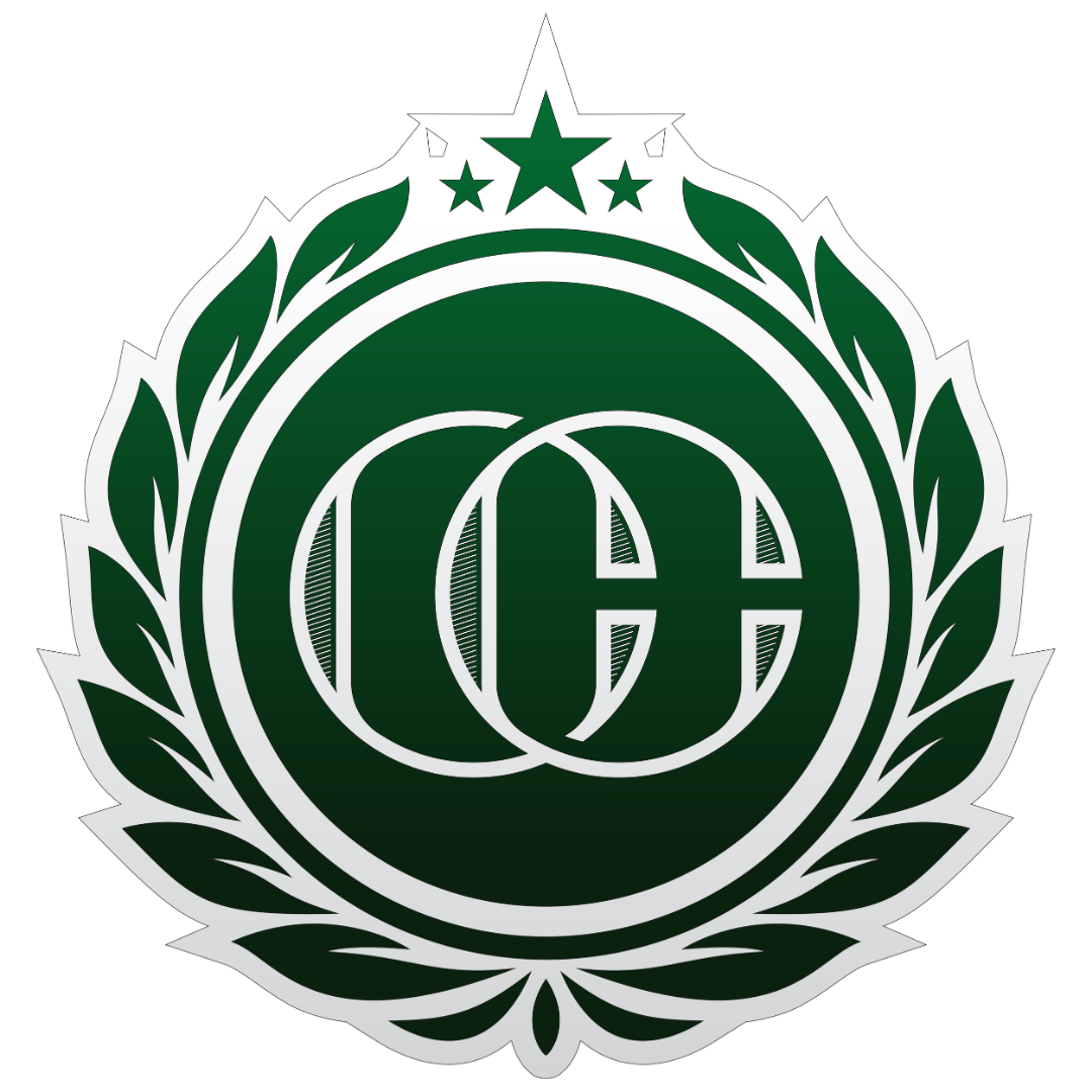 A black background with a green and white emblem featuring the overlapping letters C and G inside a wreath with three stars and decorative floral elements.