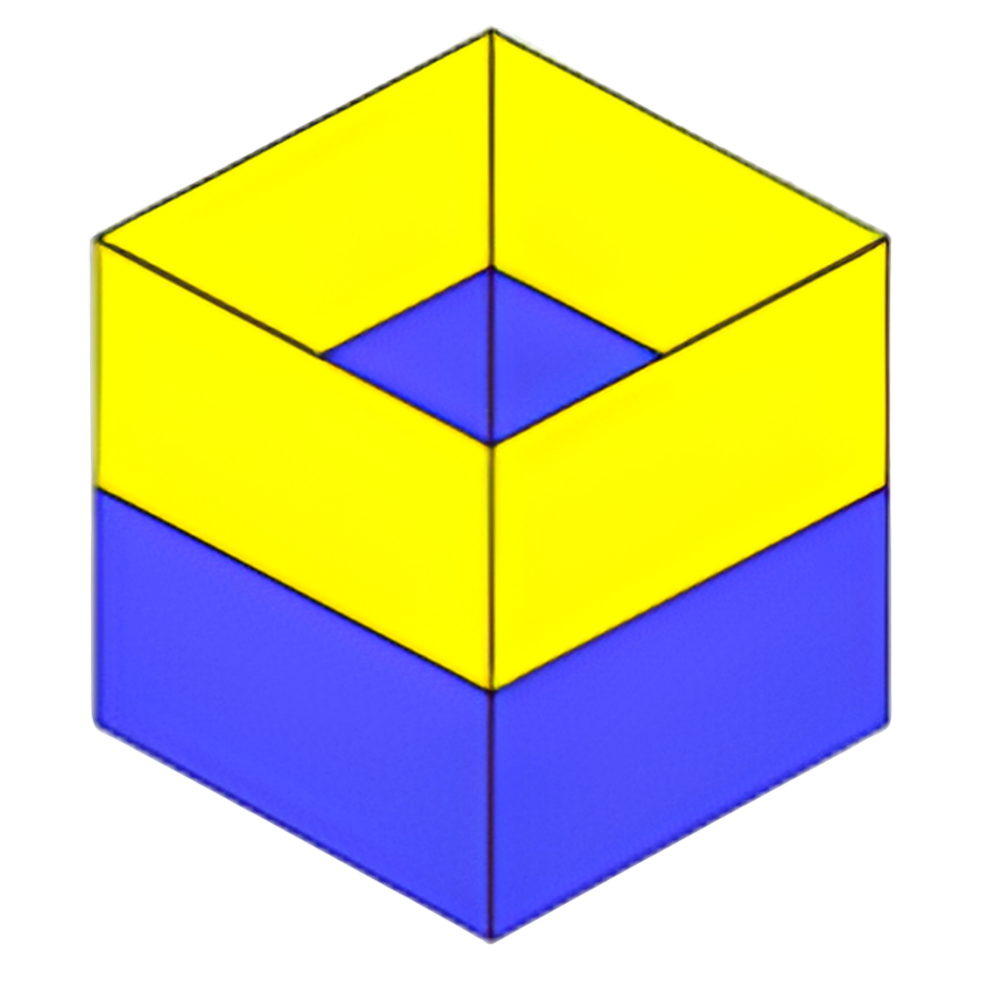 A 3D illustration of a cube with the top part in yellow and the bottom part in blue, with the top part hollowed out in the center.