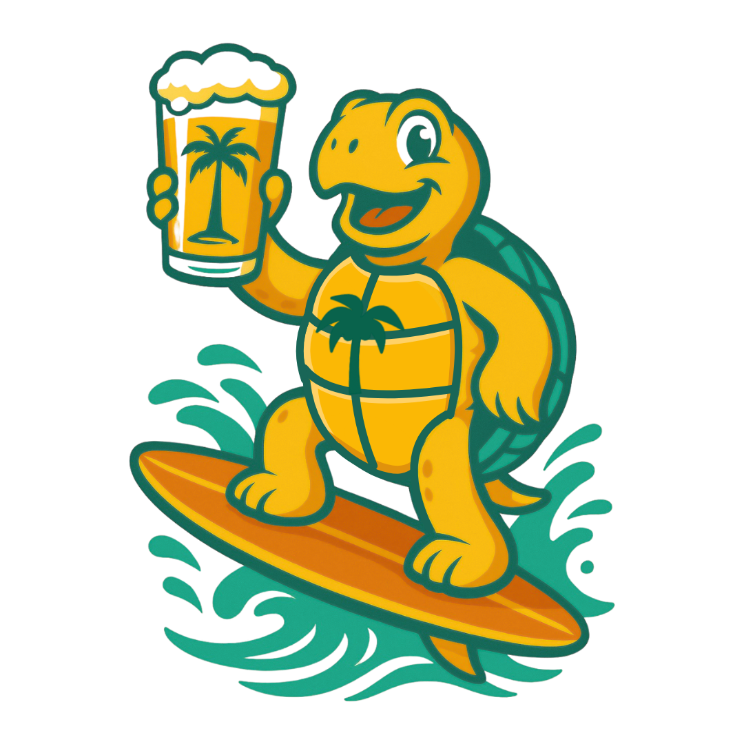 A cartoon turtle with a yellow shell and green limbs, holding a beer glass with a palm tree and foam on top, standing on a surfboard on water.
