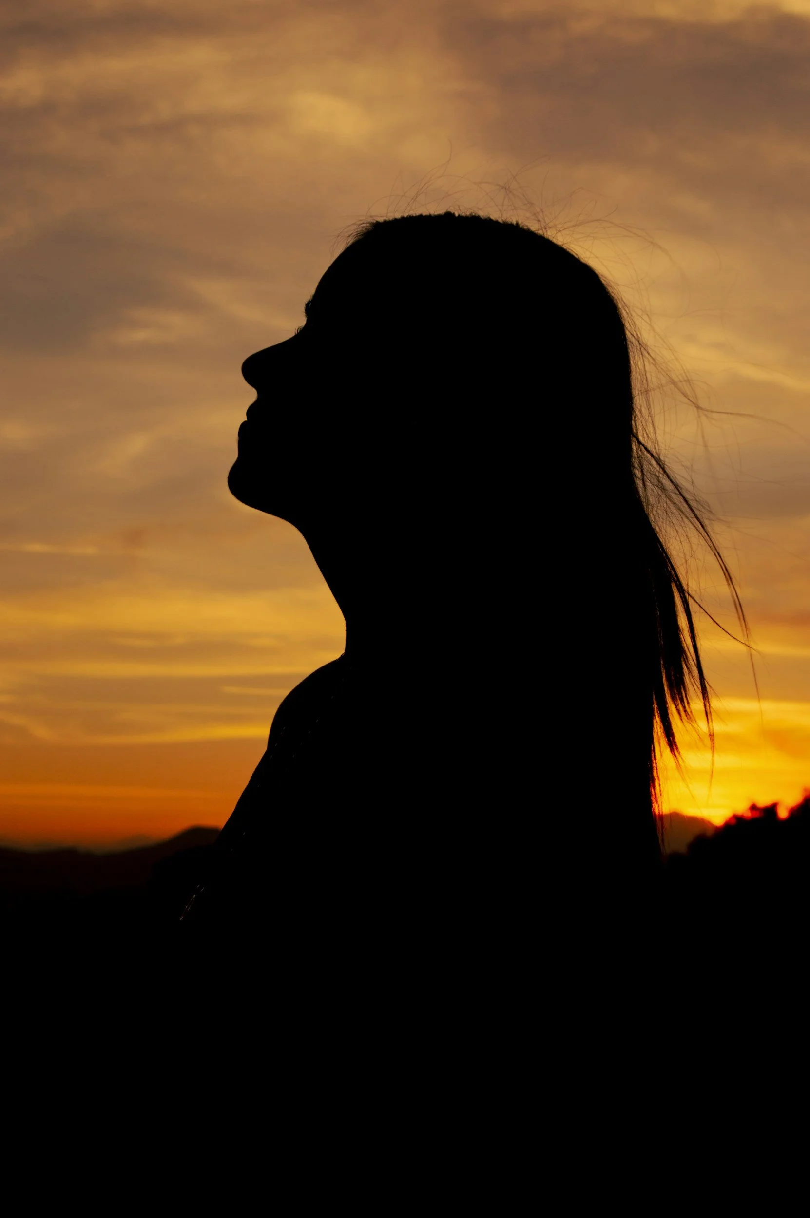 Silhouette of a woman looking up at sunset with orange sky