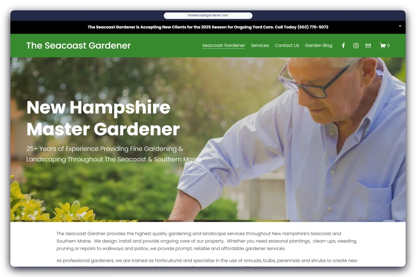 The Seacoast Gardener Squarespace website — homepage on desktop