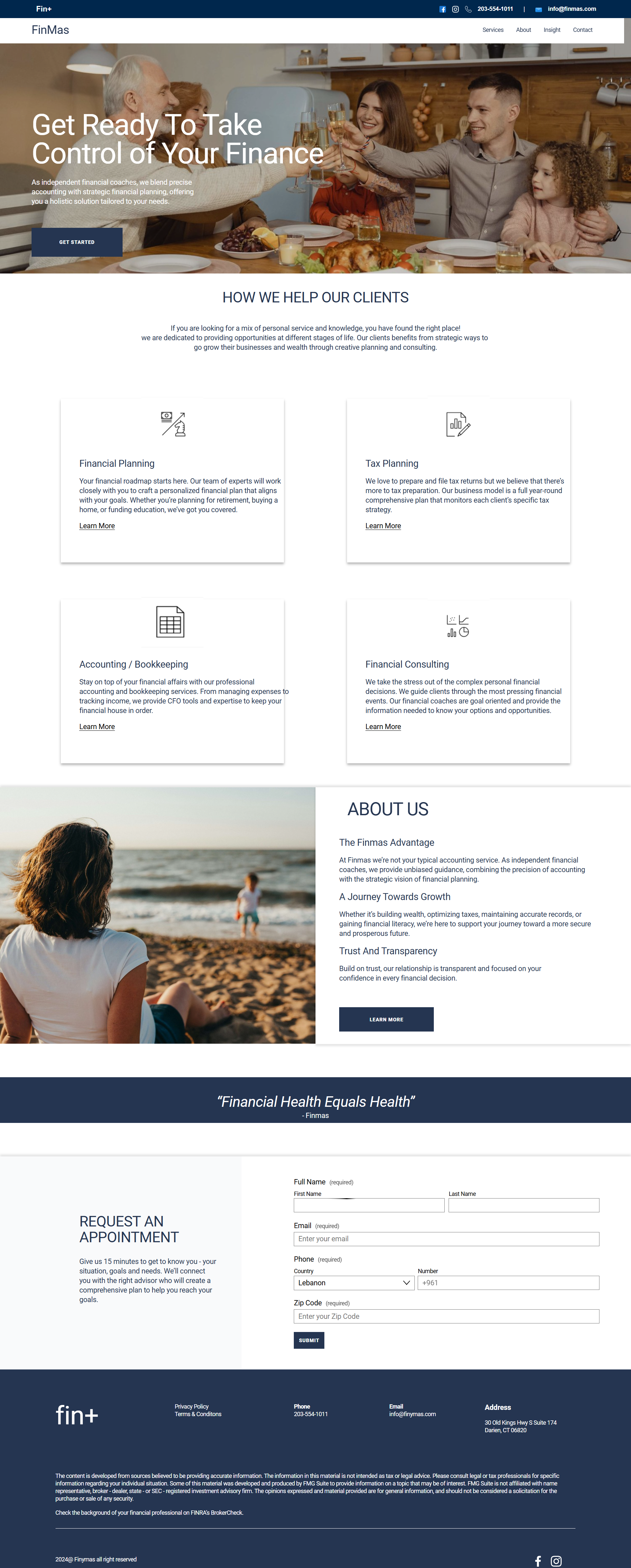 Website homepage of FinMas, featuring a family enjoying a meal, service descriptions on financial planning, tax planning, accounting, and financial consulting. The site includes an 'About Us' section, appointment request form, contact information, and a footer with social media links.