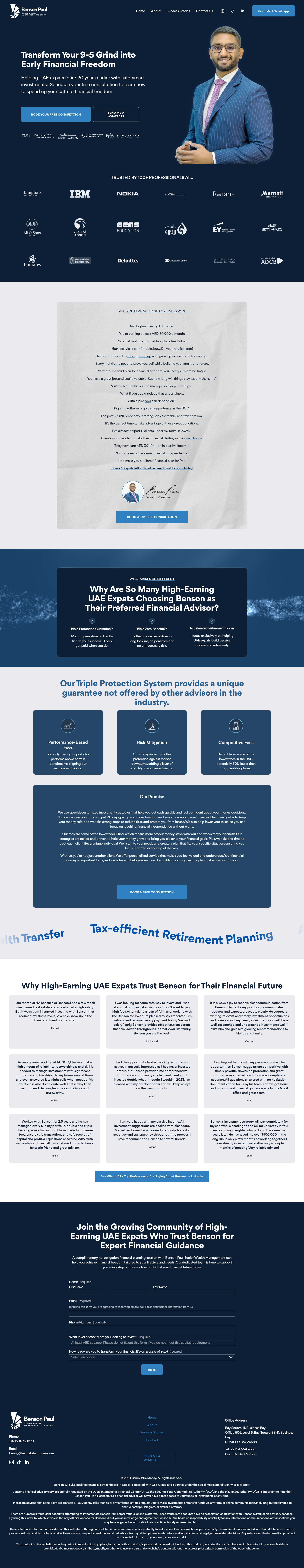 Website homepage promoting financial services for expats in the UAE. Features a professional male advisor image, client testimonials, company logos, and benefits of financial planning. Includes a call-to-action for booking a consultation and highlights tax-efficient retirement planning and wealth transfer.