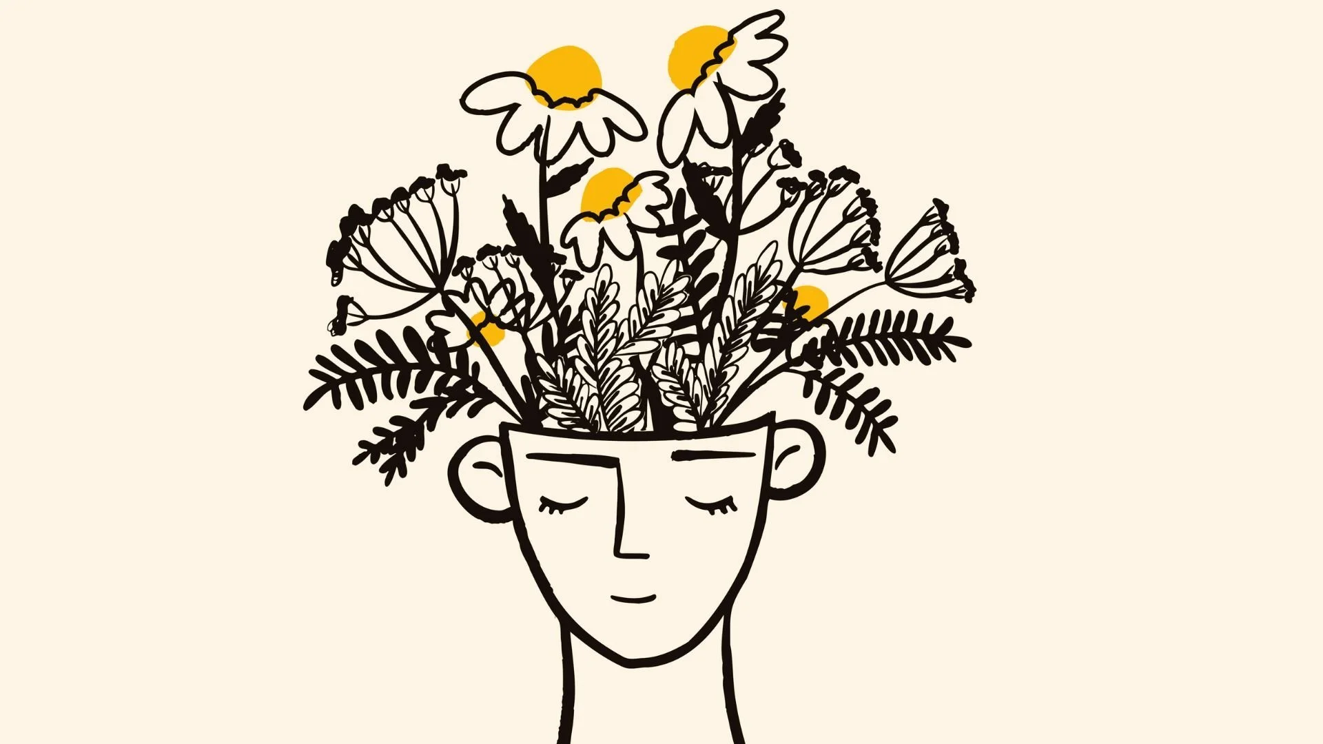 Floral illustration of flowers blooming from a person's head, symbolizing emotional healing and growth.