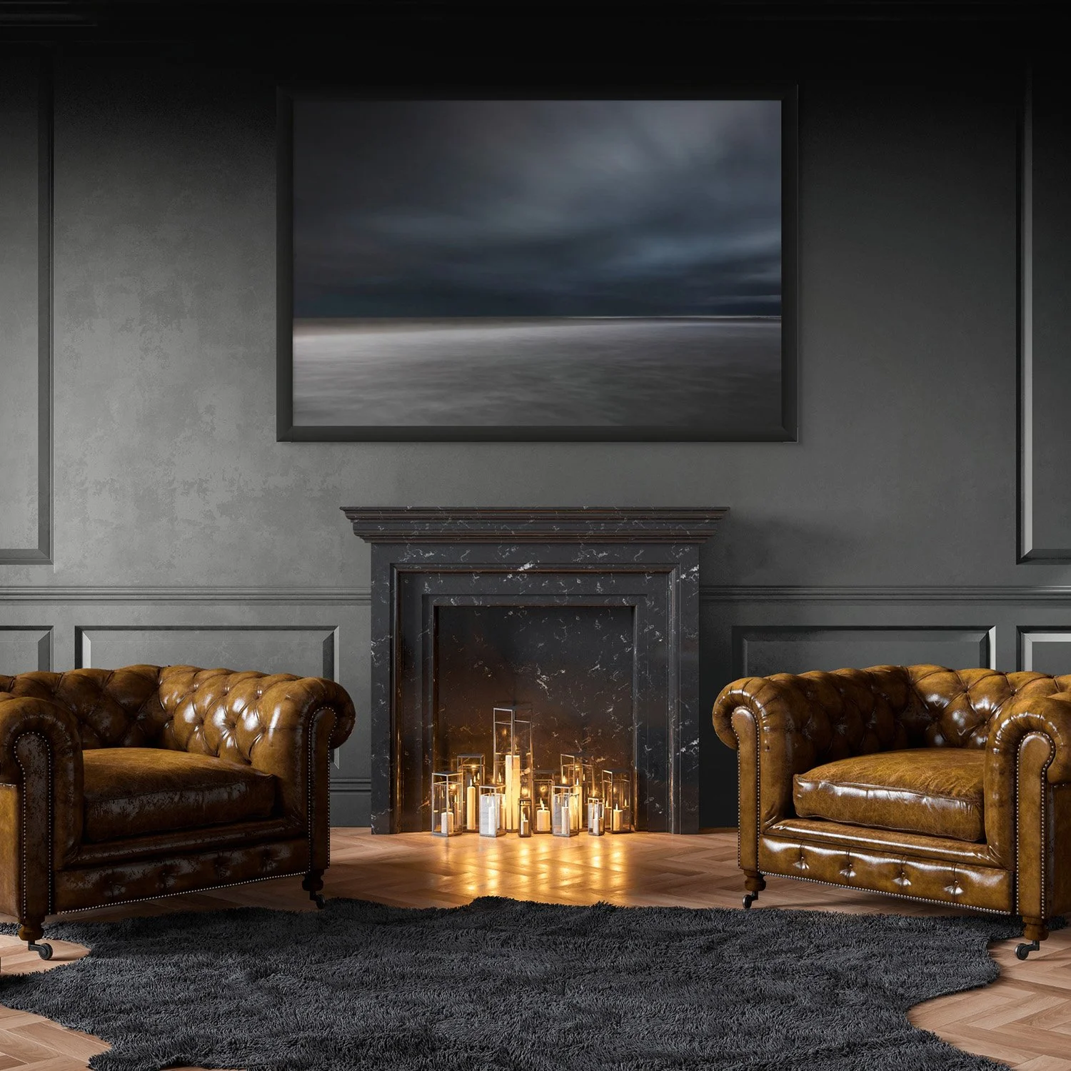 Fine Art Photography Living room with yellow wall, framed landscape photograph of stormy sky over a beach, wooden sofa with gray, black, and yellow pillows, small wooden coffee tables, and a large green potted plant.