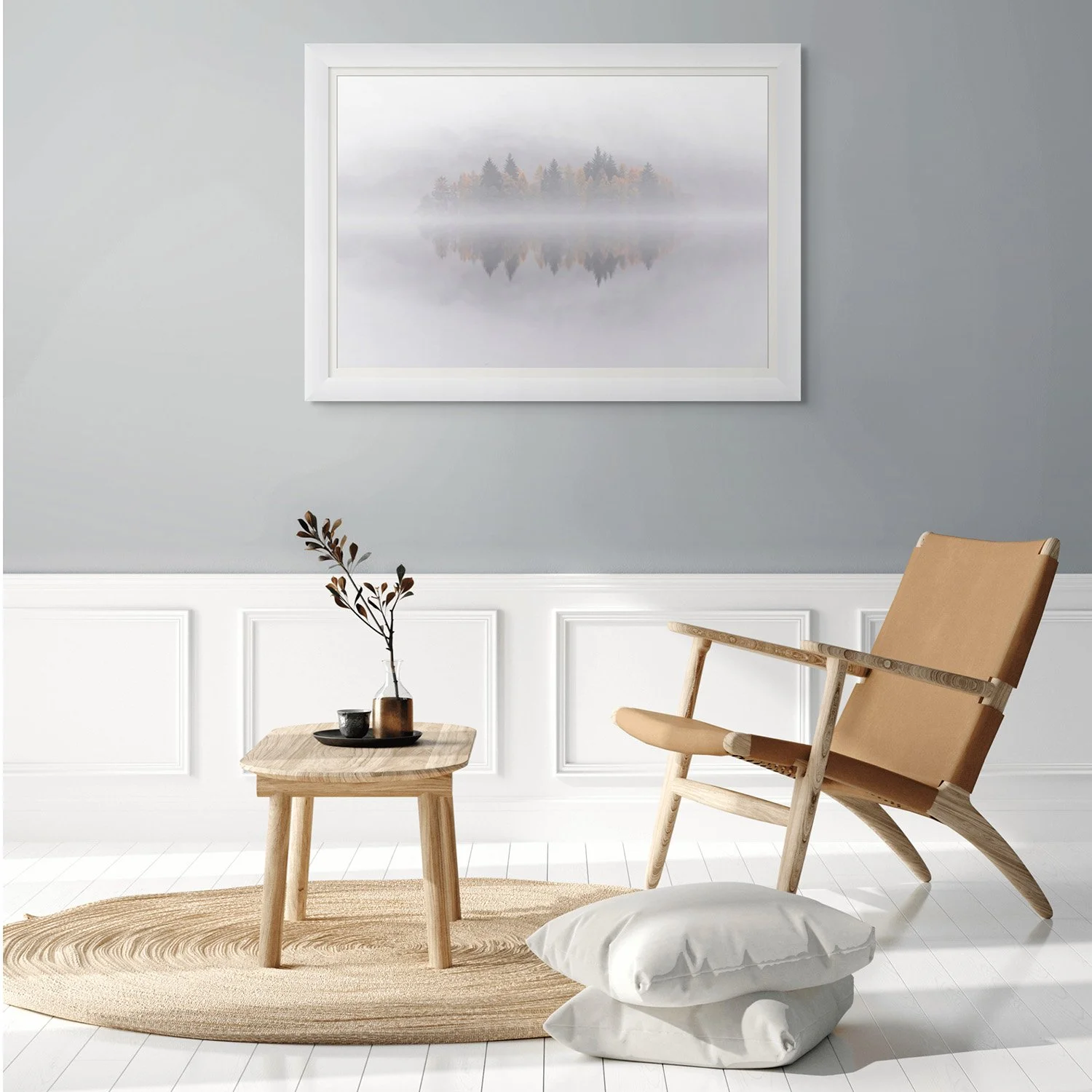 Fine Art photography in a living room, bright airy, chair wooden panelling and a table with greenery