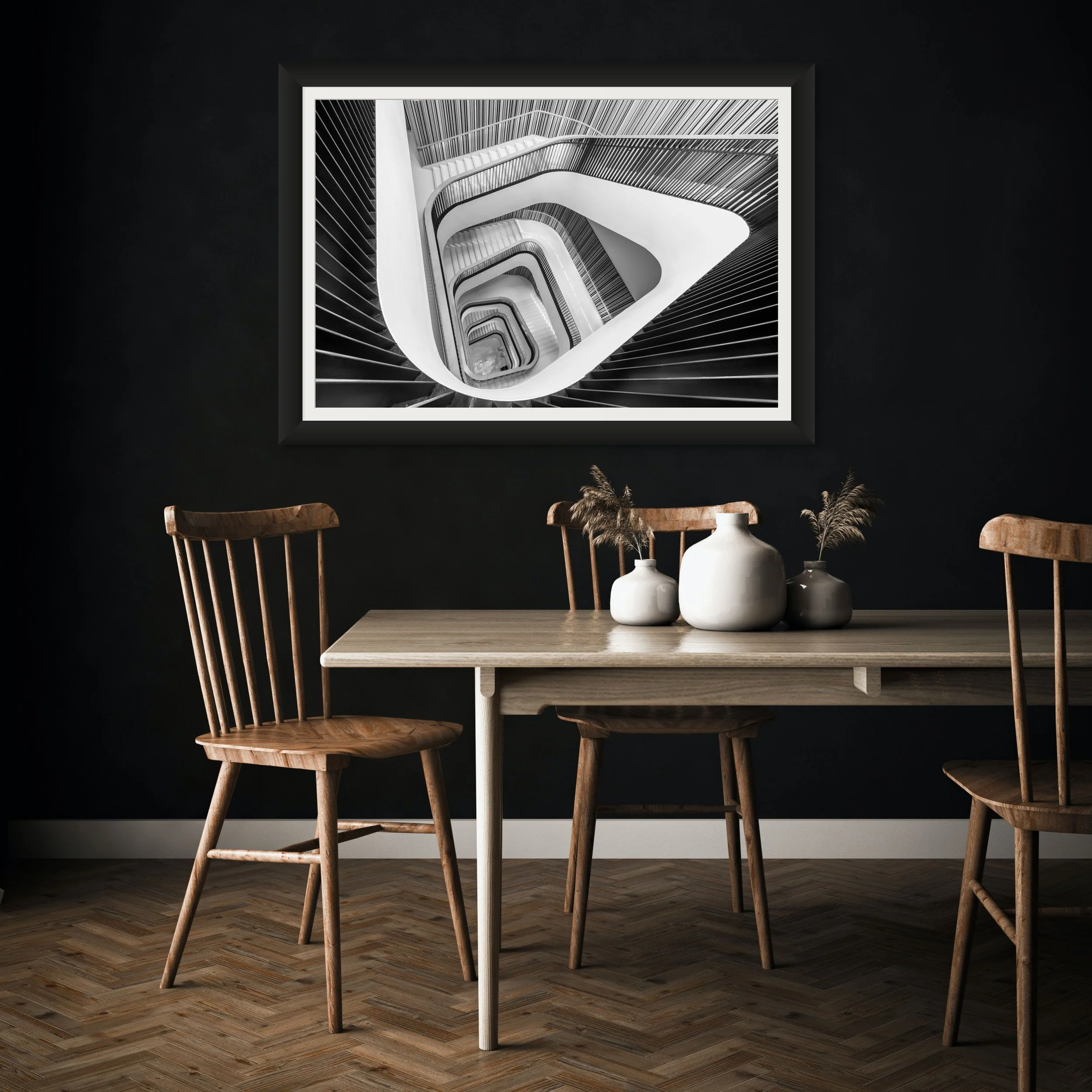 Architectural staircase photography in a dark dining room