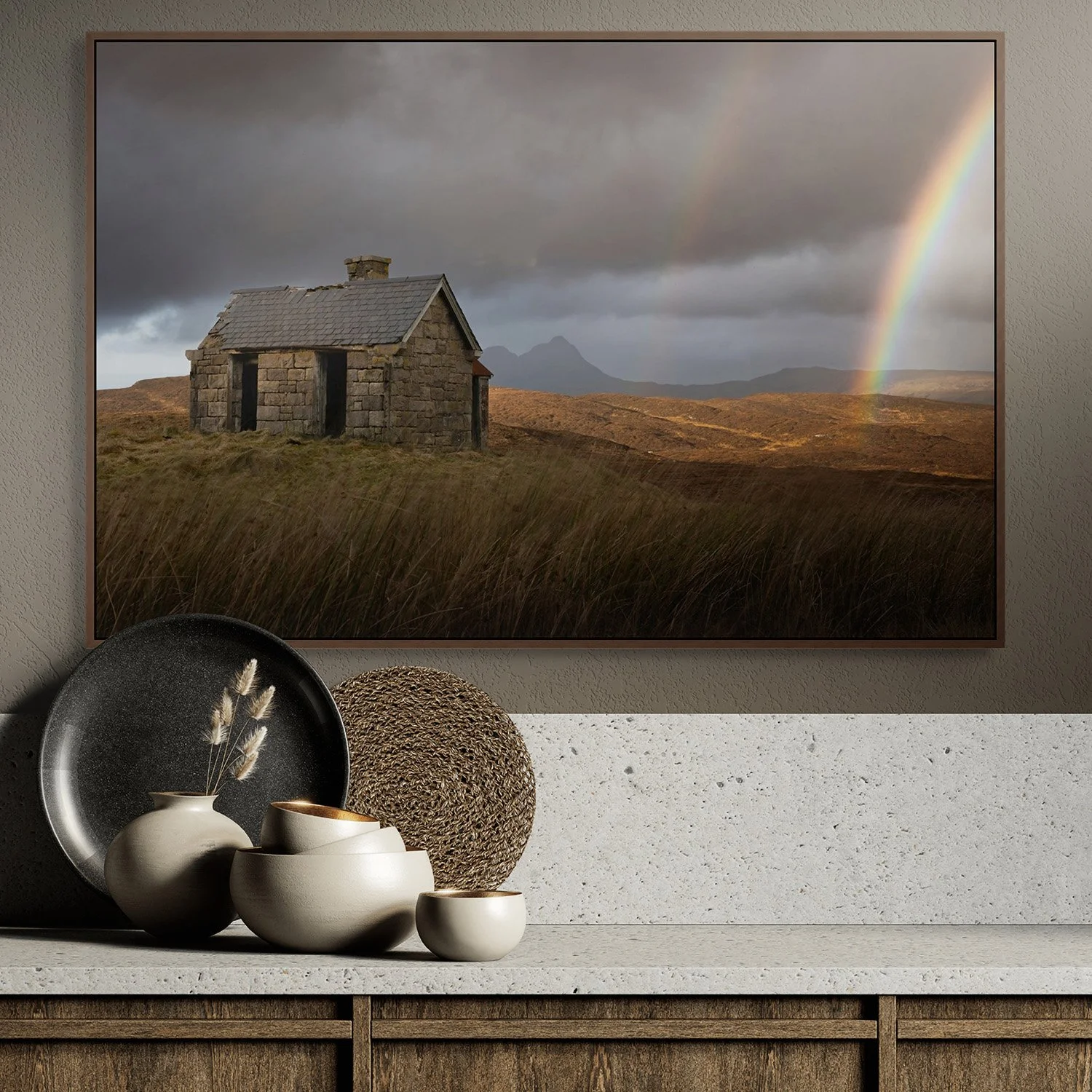 A fine art gallery framed photograph  of a remote Scottish bothy