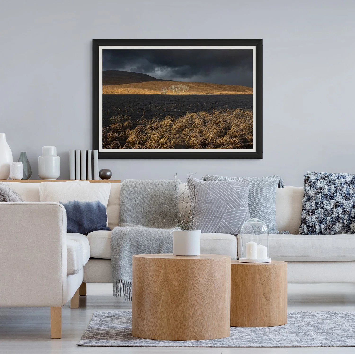 Fine art Autumnal photo of a loch in Scotland in a cosy lounge setting 