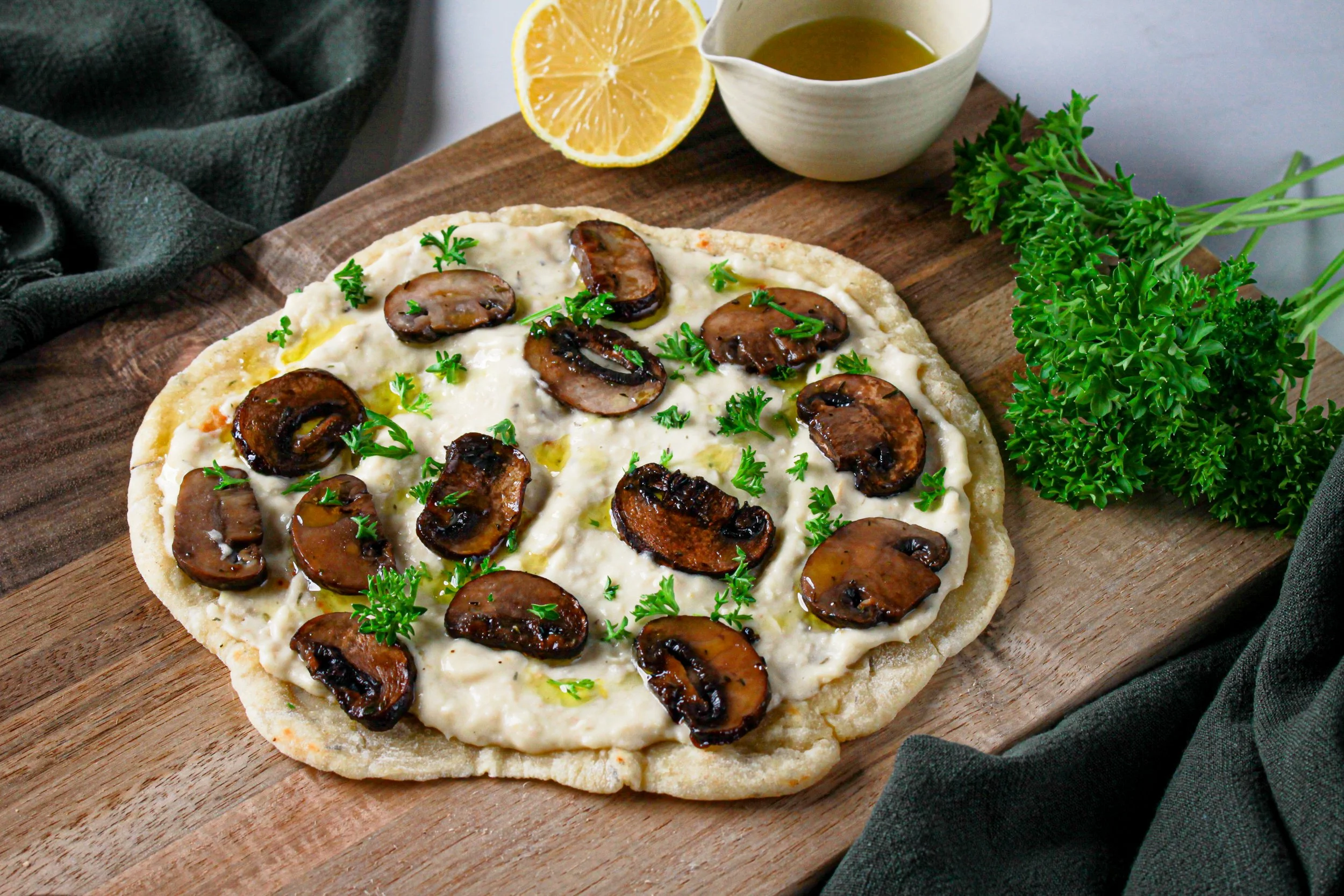 No-Yeast Herb Flatbread with Whipped White Beans &amp; Roasted Mushrooms (Vegan, Nut-Free)