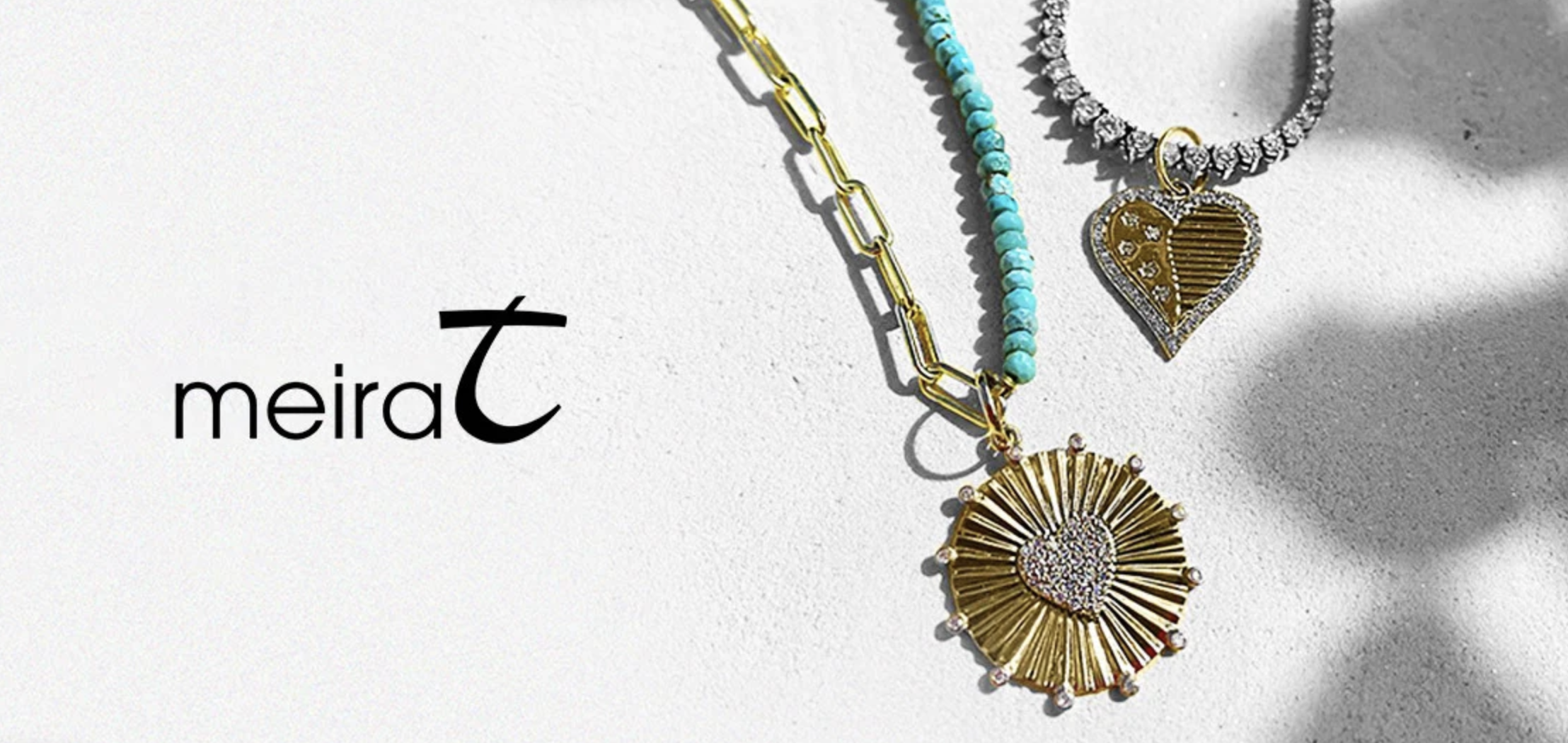 A collection of jewelry including gold, turquoise, and silver necklaces with a branded text logo 'meira' in black font on a white background.