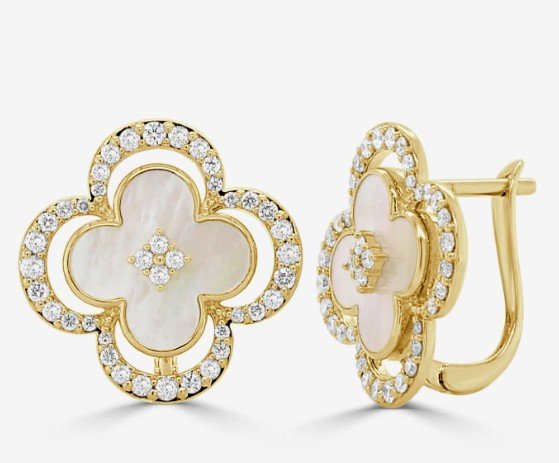 14K Gold Diamond & Mother of Pearl Clover Earrings