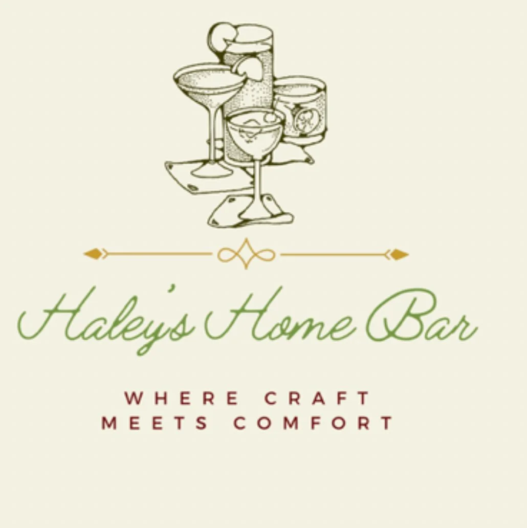Logo for Haley's Home Bar featuring illustrated drinking glasses and the text 'Haley's Home Bar' with the tagline 'Where craft meets comfort'.