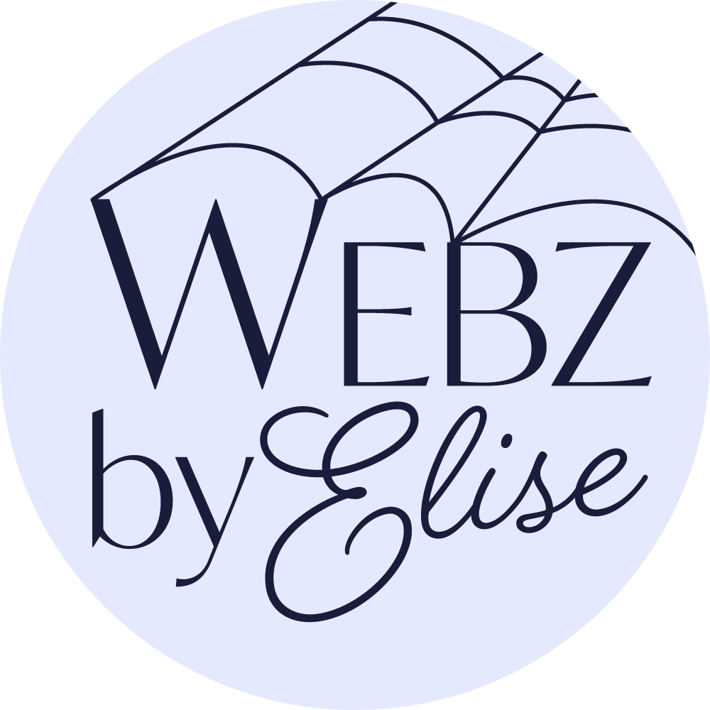 A circular logo with a spider web background and the text 'WEBZ by Elise' in dark blue font.