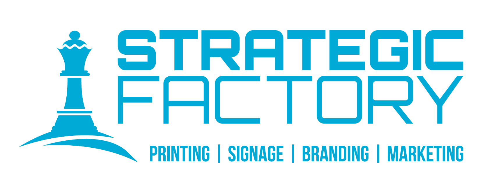 Logo for Strategic Factory with a blue chess king piece and the words 'Strategic Factory' in bold blue font, and 'Printing', 'Signage', 'Branding', 'Marketing' below separated by vertical lines.