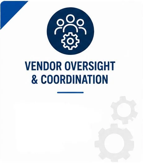 Icon of three people with a gear above, above the text "Vendor Oversight & Coordination"