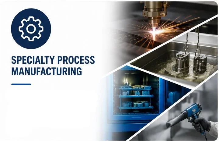 A collage of manufacturing processes including welding, metal machining, parts storage, and metal working using a blowtorch, all related to specialty process manufacturing.