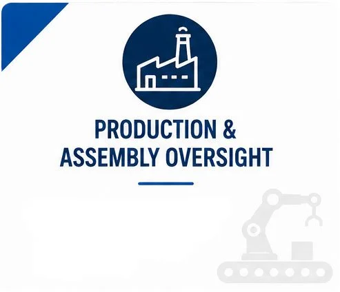 Icon of a factory with a lighthouse, and the text 'Production & Assembly Oversight', with a faint robotic arm illustration.