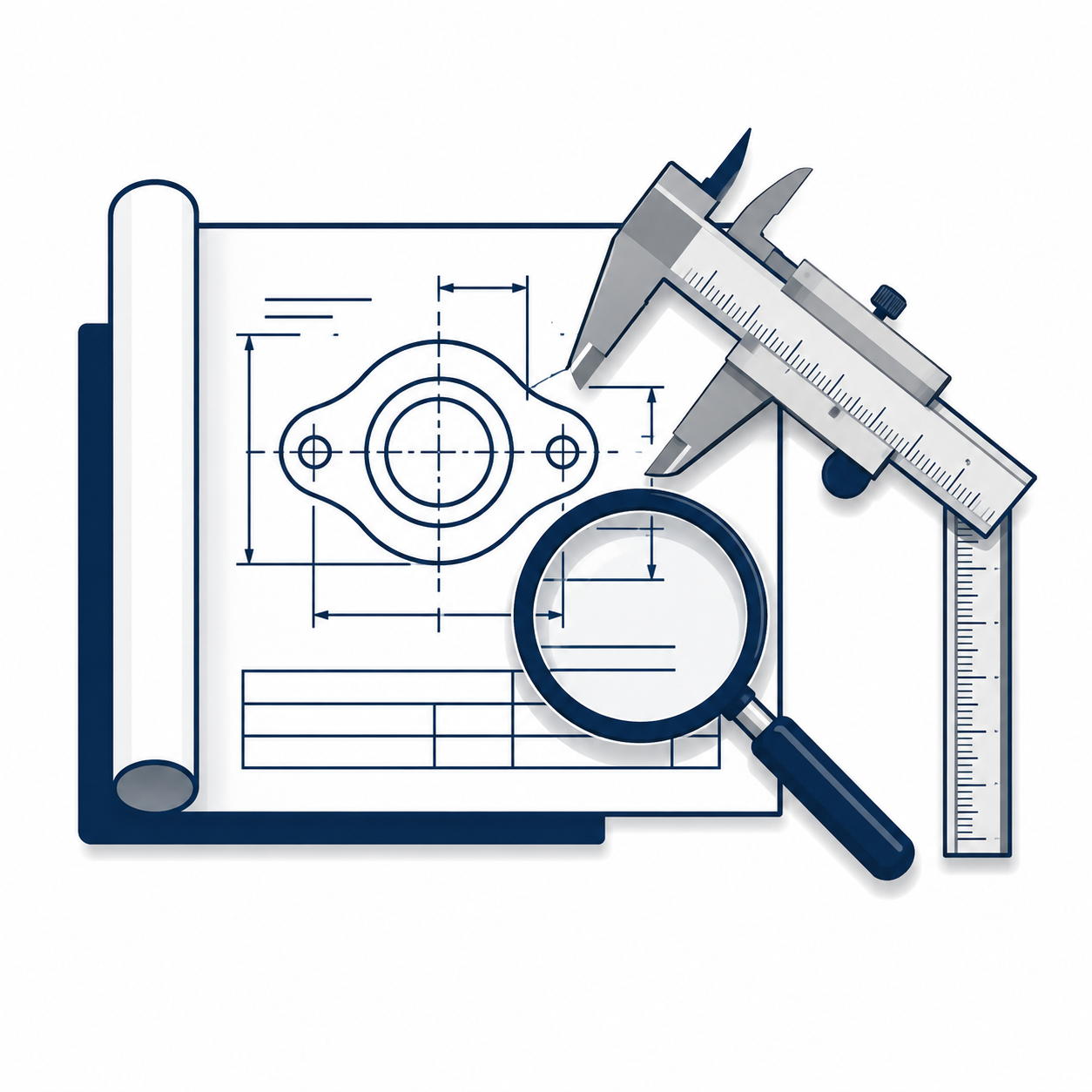 Technical drawing with a caliper, magnifying glass, blueprint, and a mechanical part outline.