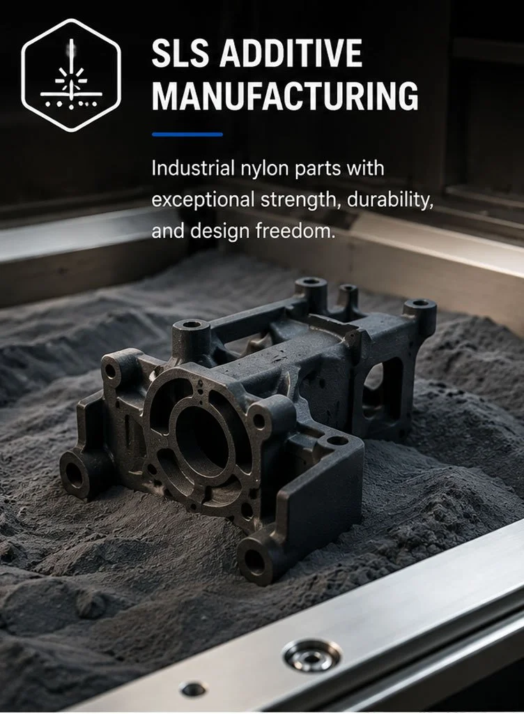 A black metal industrial nylon part from SLS additive manufacturing placed on a bed of powder with a display sign describing the durability and strength of the material.