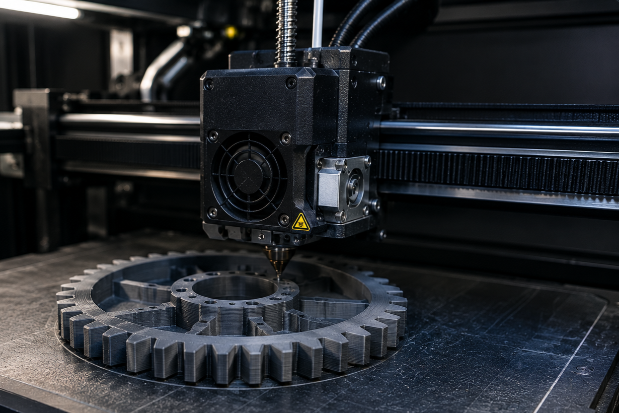 A 3D printer fabricating a metallic gear on a flat surface.