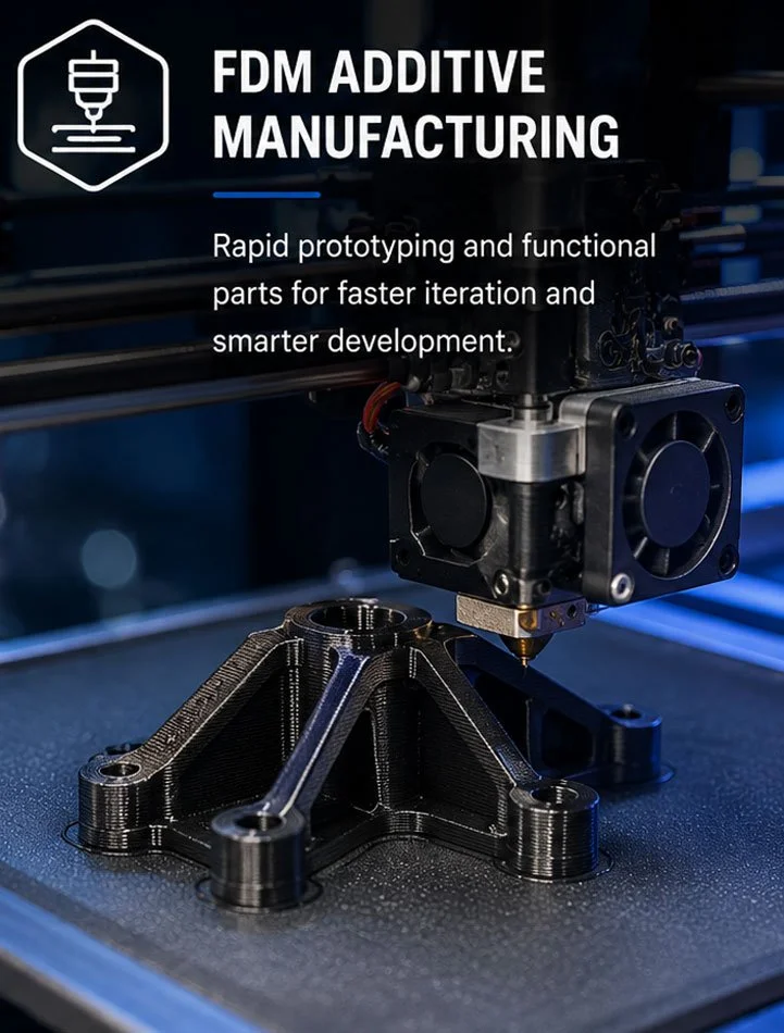 3D printer manufacturing a black plastic component with FDM additive manufacturing, demonstrating rapid prototyping.