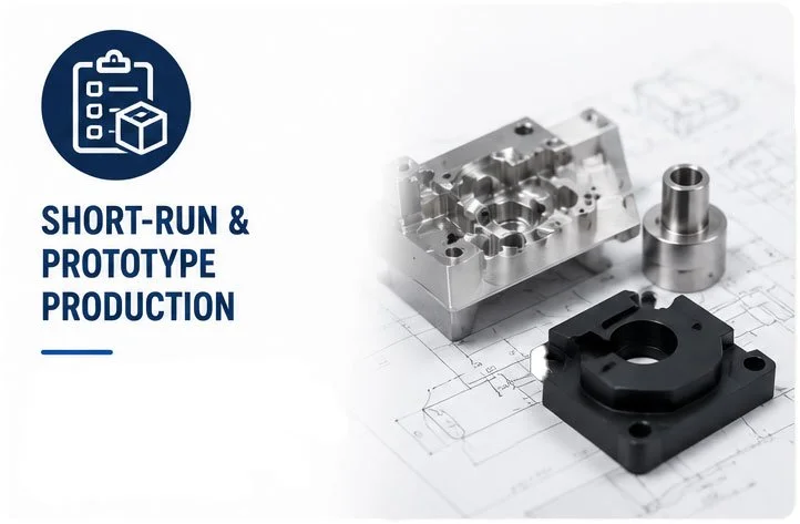 Three metal machined parts placed on technical drawings, with a graphic icon of a clipboard and box, and text reading 'Short-Run & Prototype Production'.